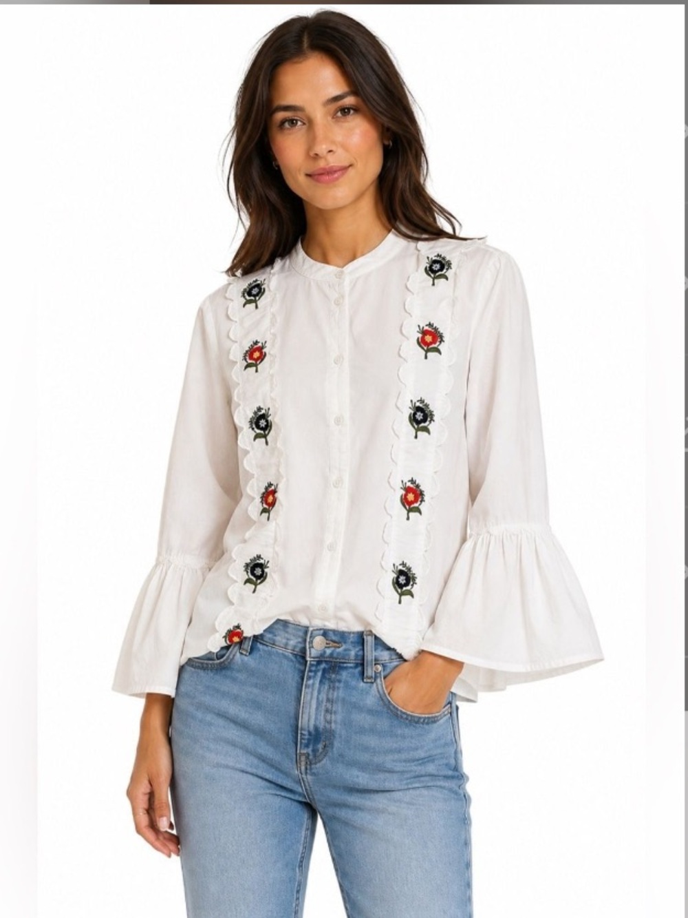Topshop White Button-Front Embroidered Ruffle Blouse